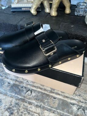 BCBGeneration Black Slip-On Mule with Gold Studs and Buckle